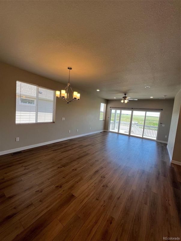 Chandelier, Empty room, Interior, Recessed Lighting, Wood Texture Flooring