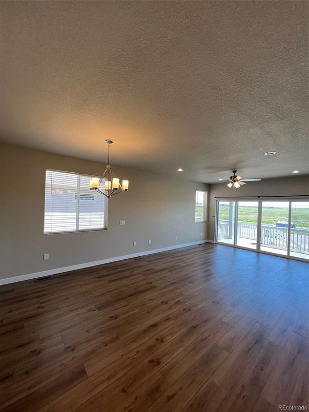 Chandelier, Empty room, Interior, Recessed Lighting, Wood Texture Flooring