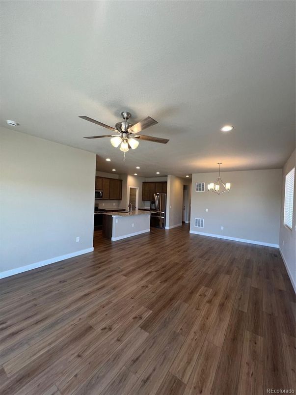 Empty room, Interior, Kitchen, Recessed Lighting, Wood Texture Flooring