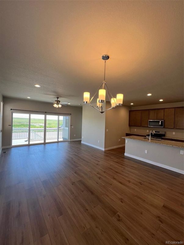 Chandelier, Empty room, Interior, Kitchen, Pendant Lights, Recessed Lighting, Wood Texture Flooring