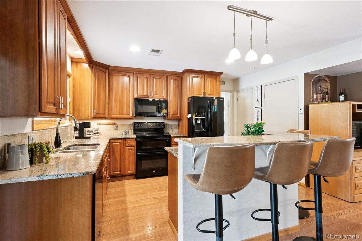 Interior, Kitchen, Pendant Lights, Recessed Lighting, Wood Texture Flooring