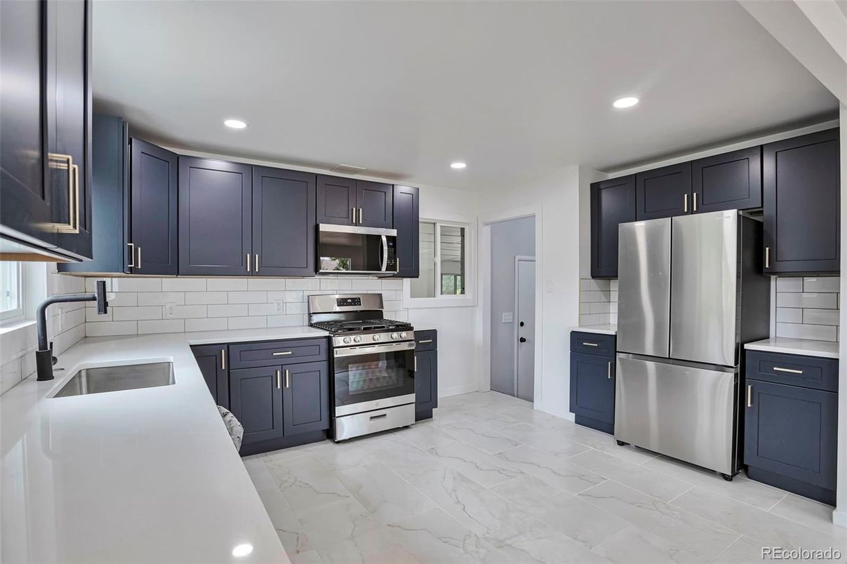 Interior, Kitchen, Marble, Recessed Lighting, Stainless Steel Appliances