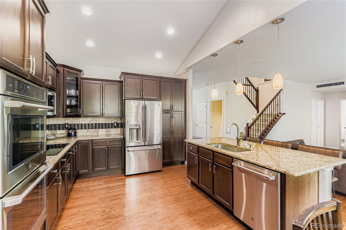 Interior, Kitchen, Pendant Lights, Recessed Lighting, Stainless Steel Appliances, Wood Texture Flooring