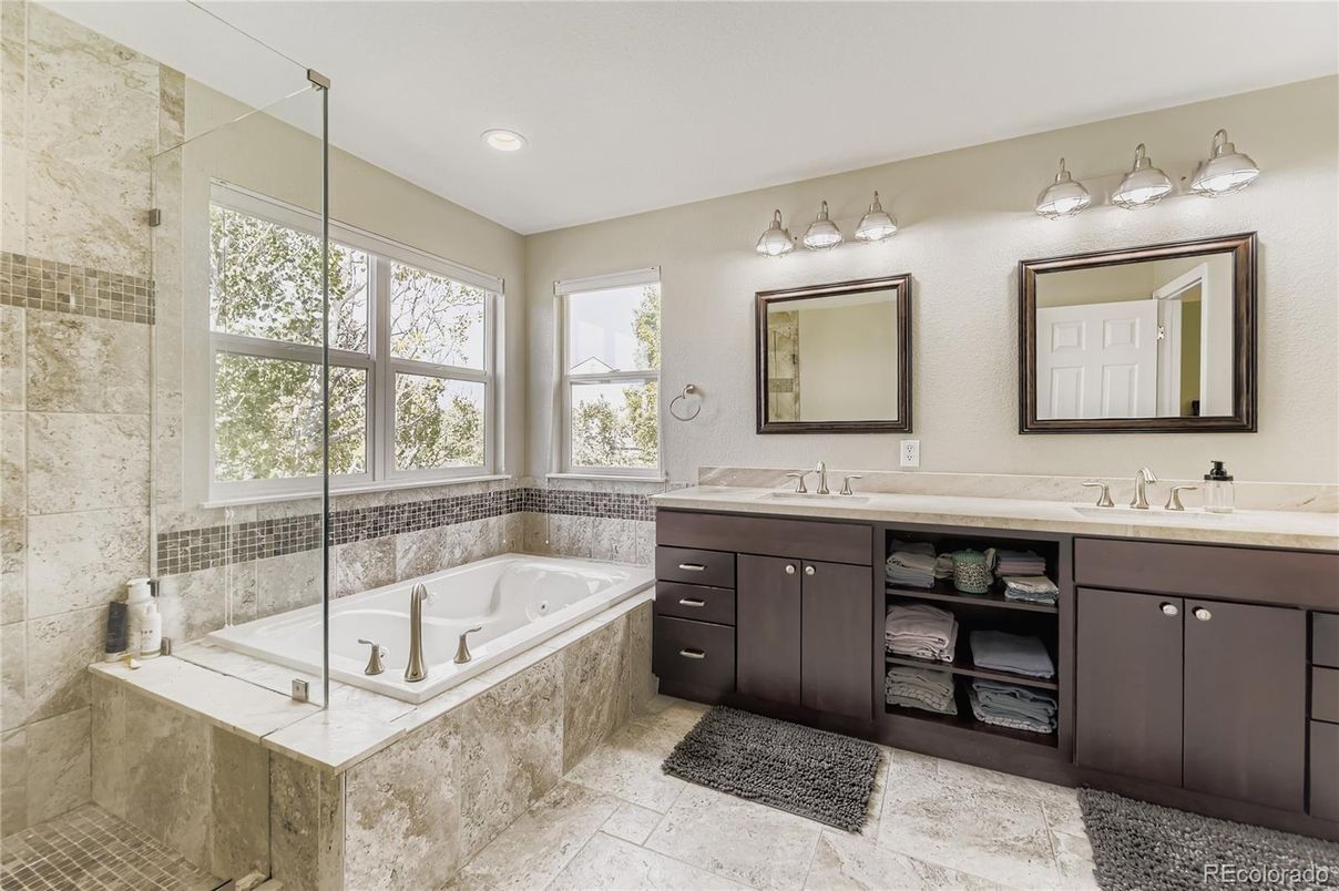 Bathroom, Dual Sink Vanities, Glass Shower, Interior, Recessed Lighting