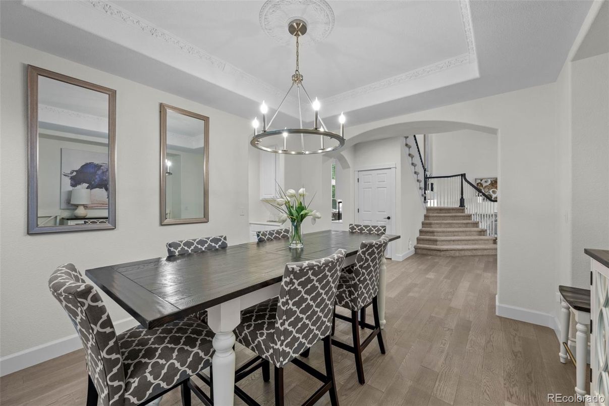 Chandelier, Dining room, Interior, Pendant Lights, Wood Texture Flooring