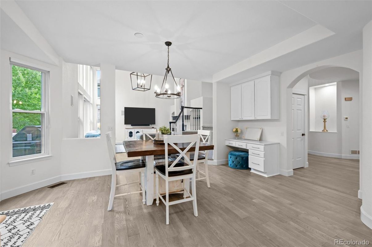 Chandelier, Dining room, Interior, Pendant Lights, Wood Texture Flooring