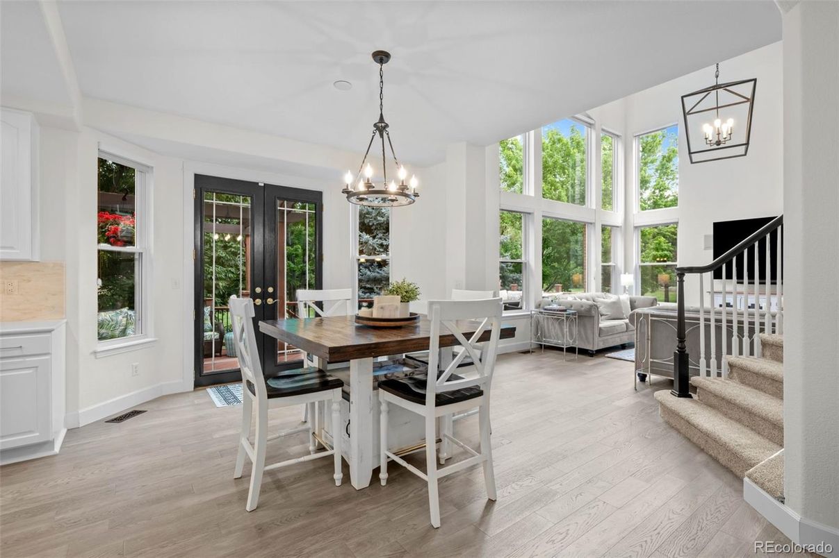 Chandelier, Dining room, Interior, Pendant Lights, Wood Texture Flooring