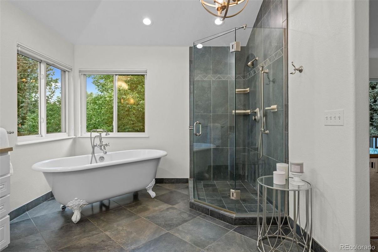 Bathroom, Free Standing Baths, Glass Shower, Interior, Recessed Lighting