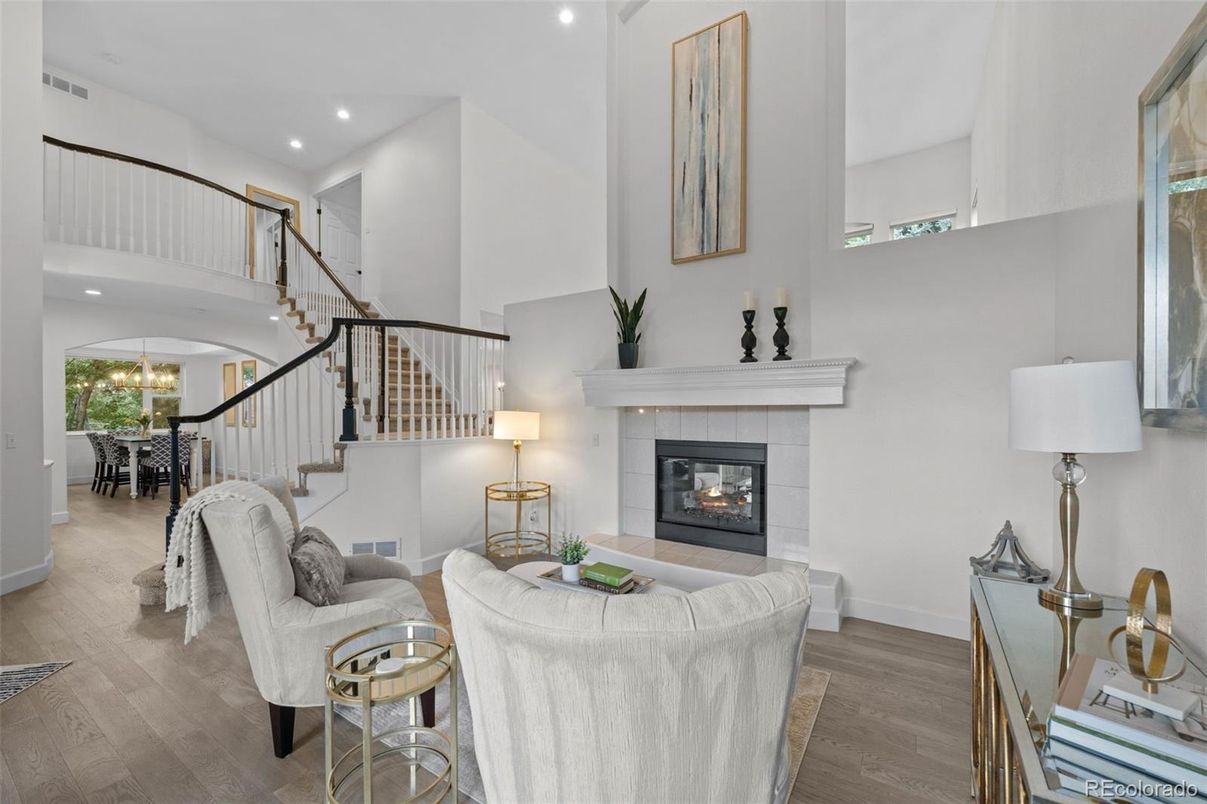 Chandelier, Dining room, Fireplace, Interior, Living room, Recessed Lighting, Wood Texture Flooring