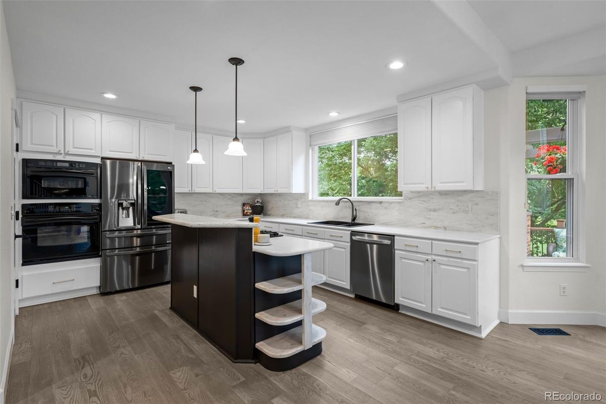 Interior, Kitchen, Pendant Lights, Recessed Lighting, Stainless Steel Appliances, Wood Texture Flooring