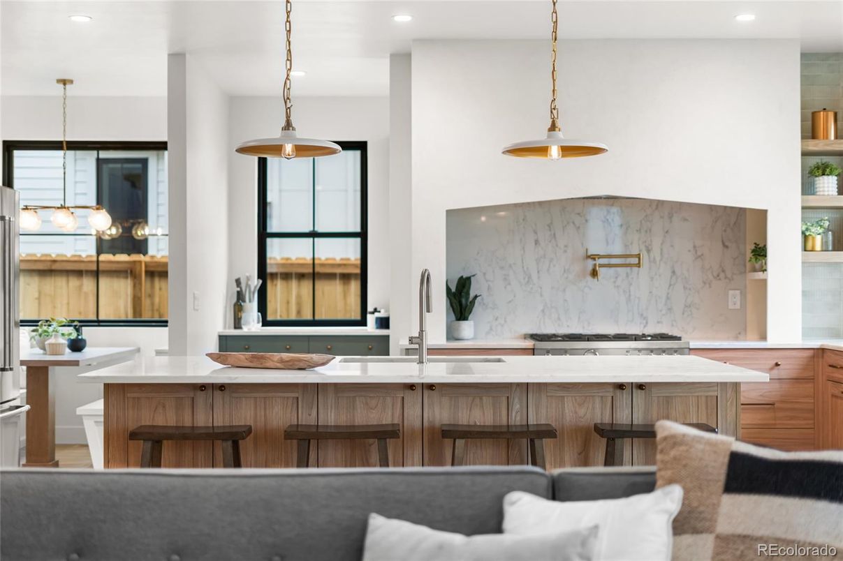 Interior, Kitchen, Marble Walls, Pendant Lights, Recessed Lighting