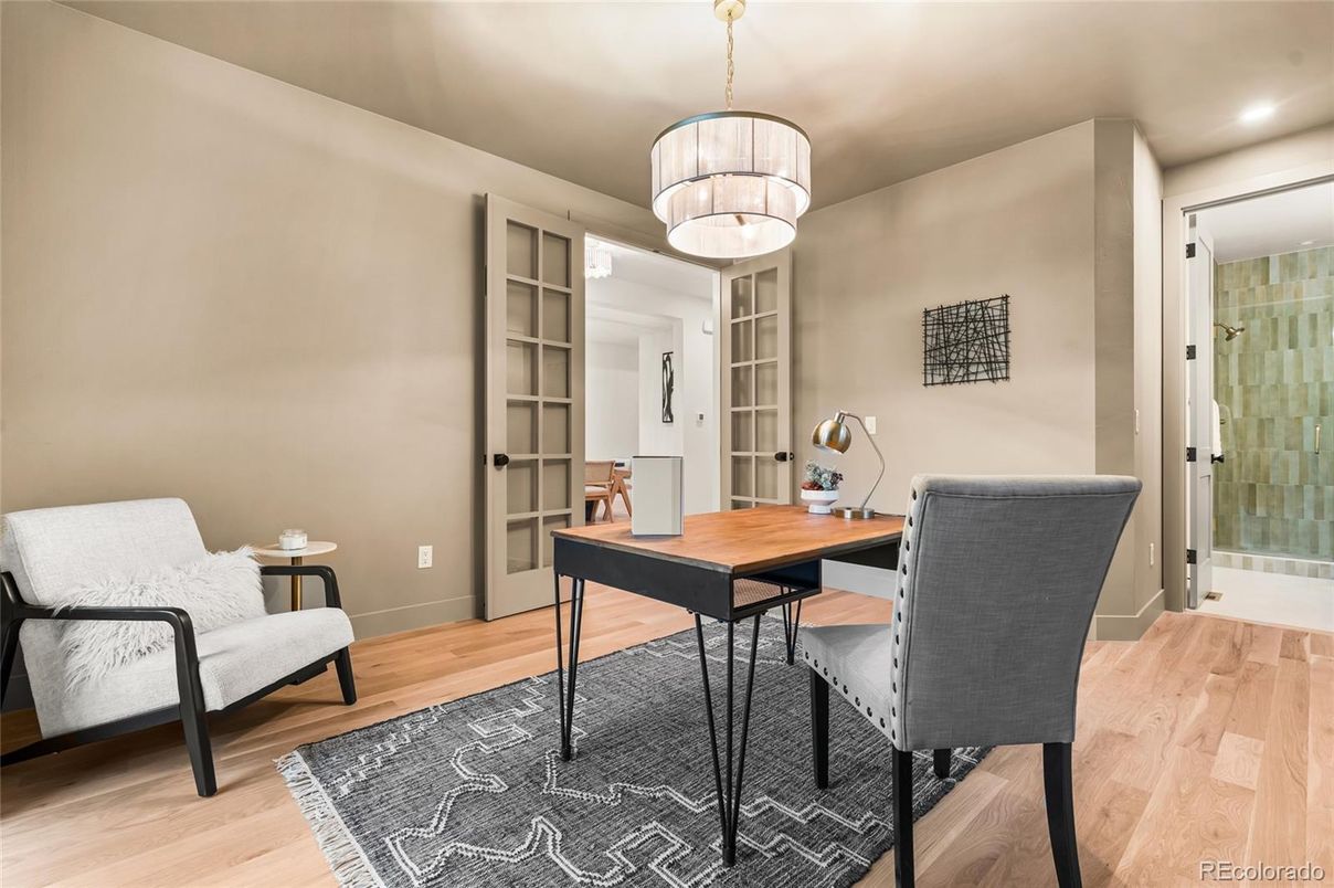 Chandelier, Home Office, Interior, Pendant Lights, Recessed Lighting, Wood Texture Flooring