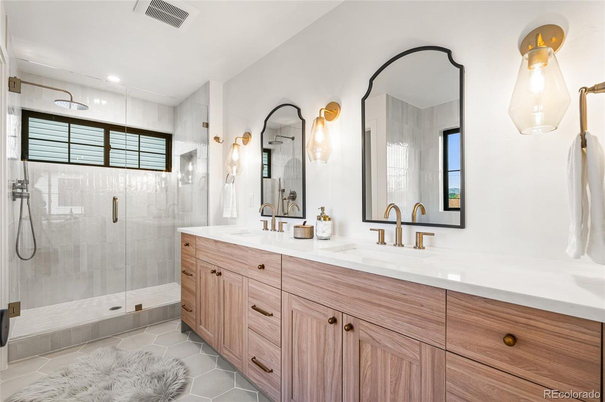 Bathroom, Dual Sink Vanities, Glass Shower, Interior, Recessed Lighting