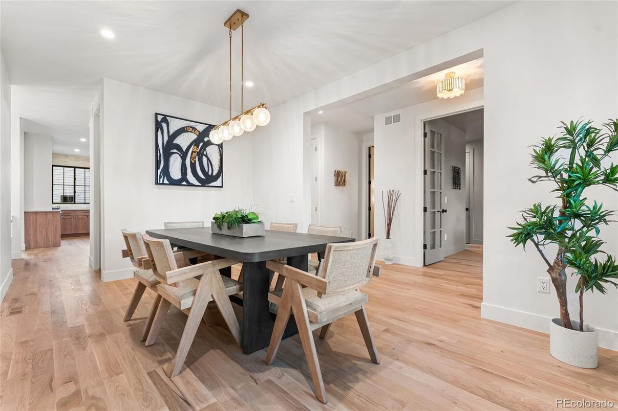 Dining room, Interior, Pendant Lights, Recessed Lighting, Wood Texture Flooring