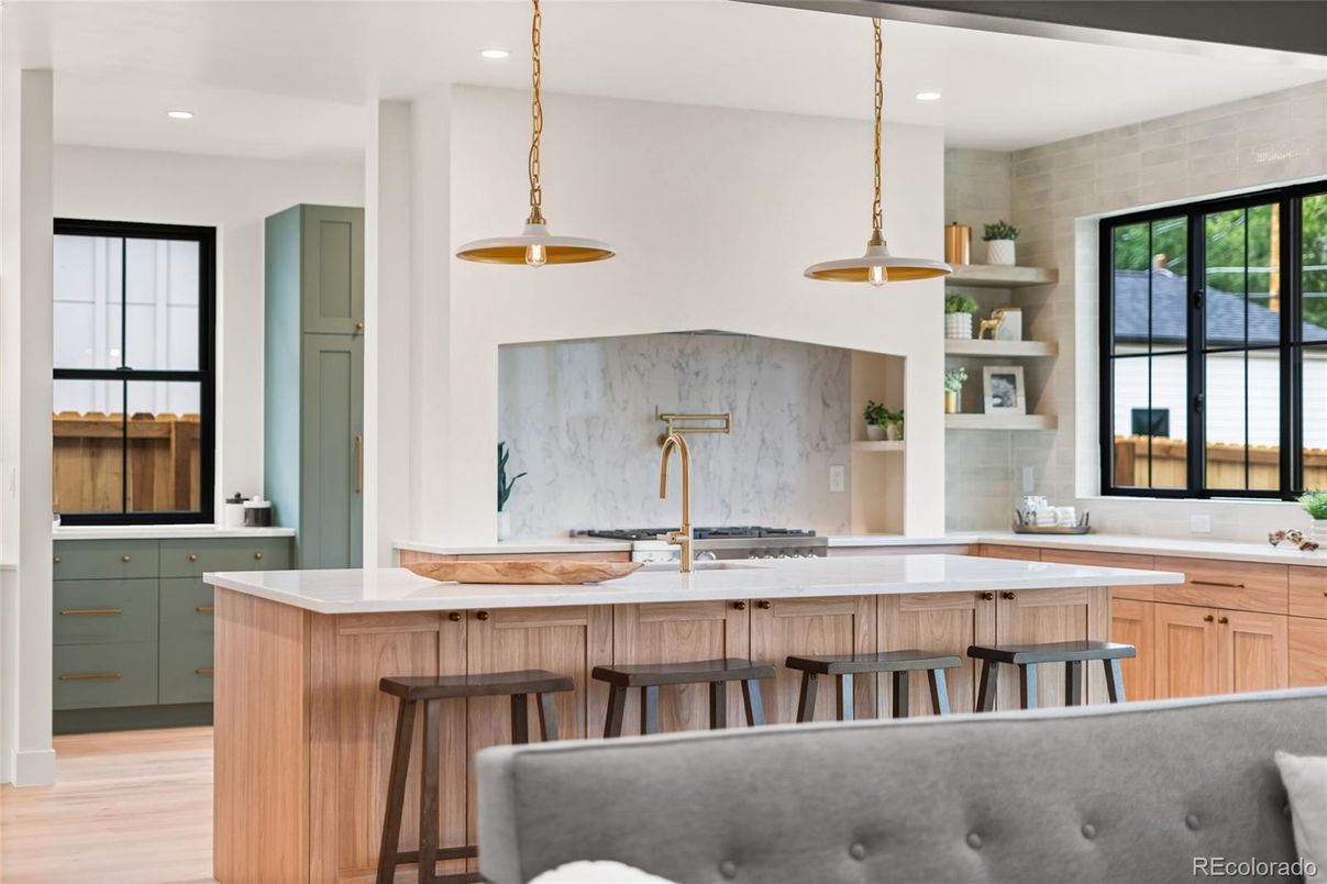 Interior, Kitchen, Marble Walls, Pendant Lights, Recessed Lighting, Wood Texture Flooring