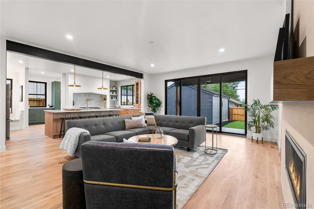 Fireplace, Interior, Kitchen, Living room, Pendant Lights, Recessed Lighting, Wood Texture Flooring