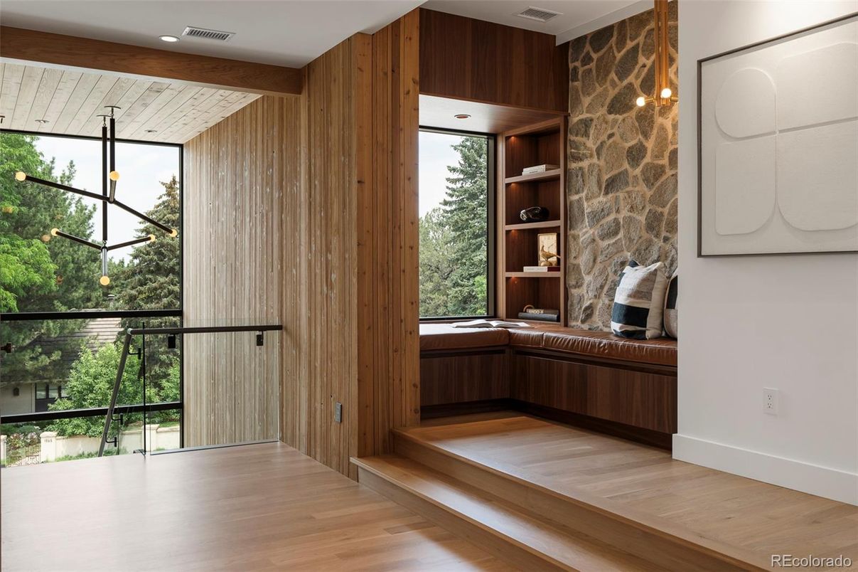 Interior, Pendant Lights, Recessed Lighting, Stone Walls, Wood Texture Flooring, Wooden Walls