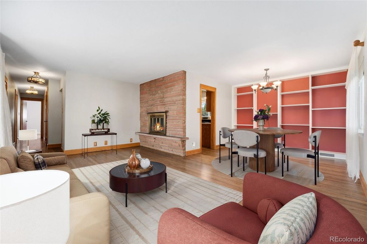 Chandelier, Dining room, Fireplace, Interior, Living room, Stone Walls, Wood Texture Flooring