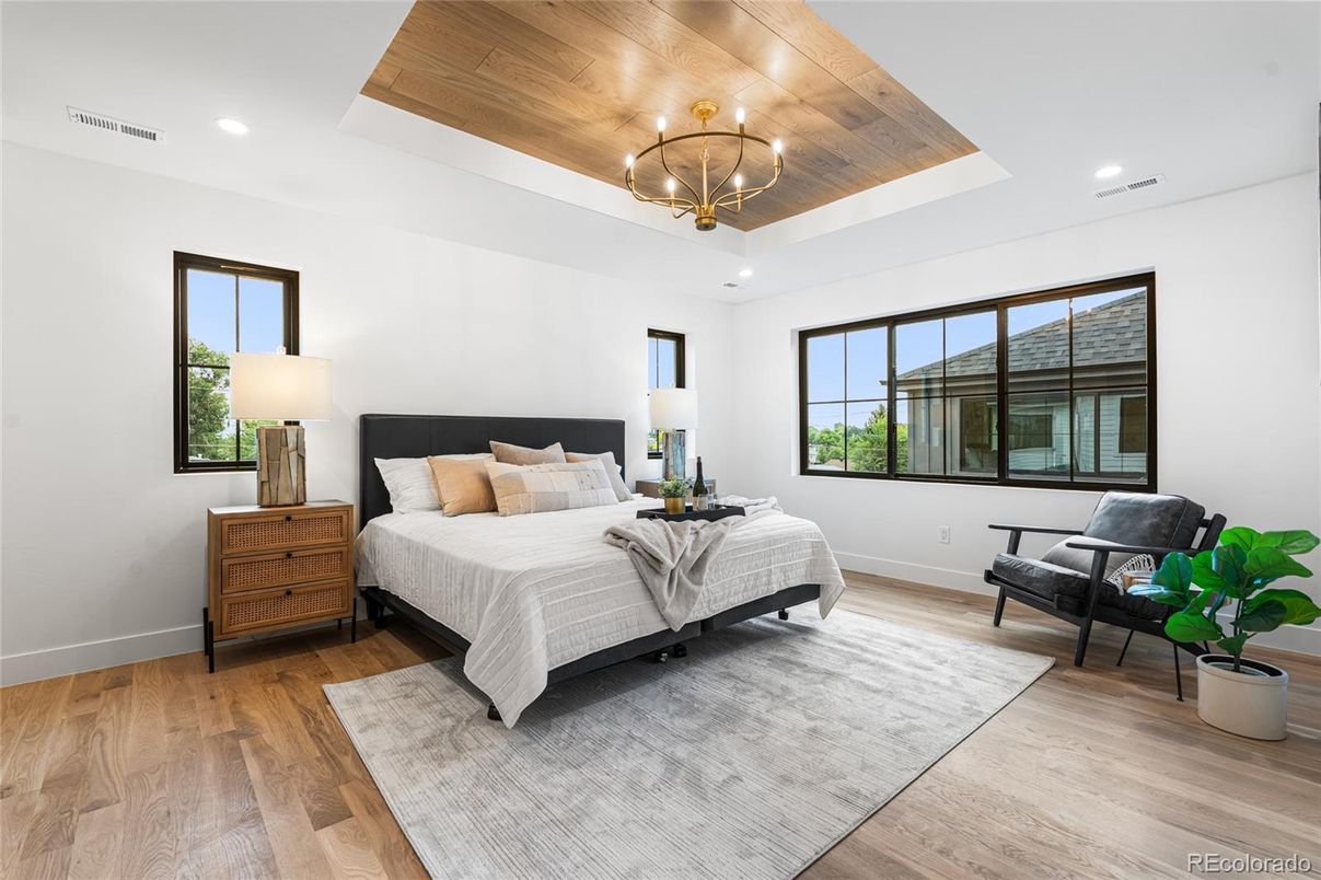 Bedroom, Chandelier, Interior, Recessed Lighting, Wooden Ceilings, Wood Texture Flooring