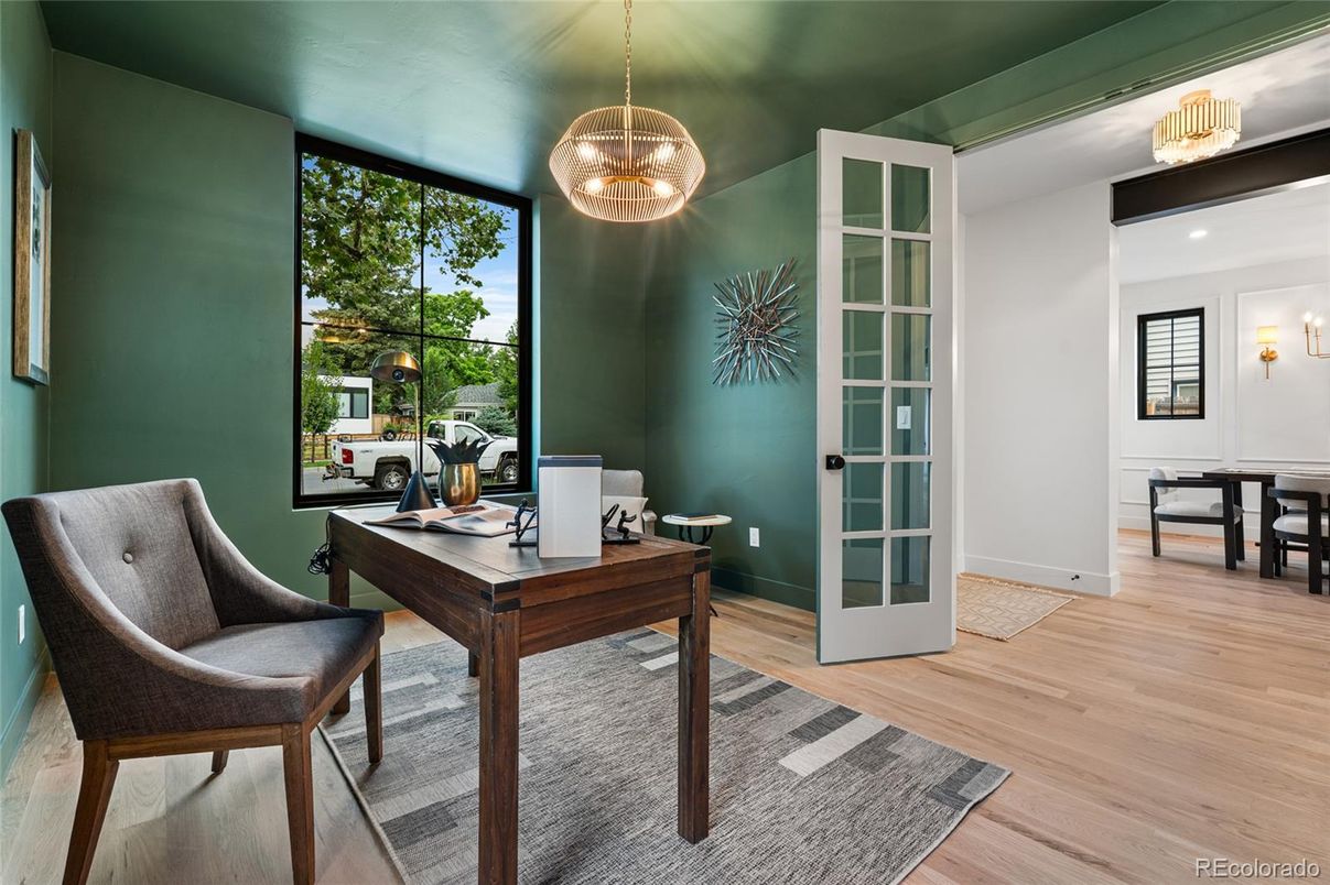 Home Office, Interior, Pendant Lights, Recessed Lighting, Wood Texture Flooring