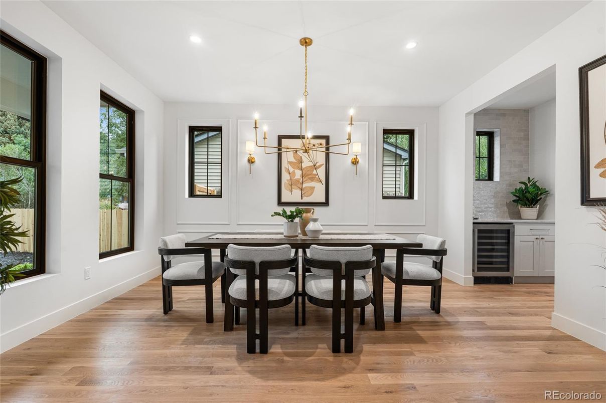 Dining room, Interior, Pendant Lights, Recessed Lighting, Wood Texture Flooring