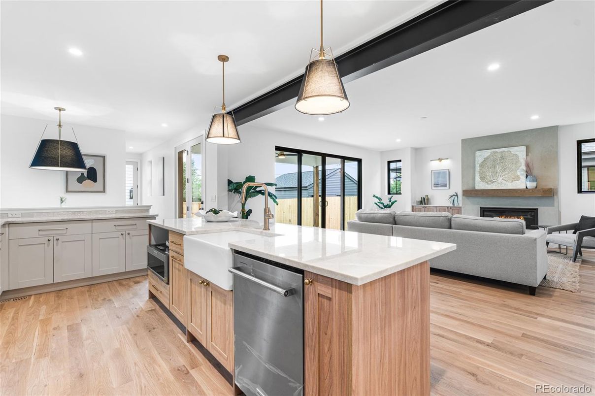 Fireplace, Interior, Kitchen, Living room, Pendant Lights, Recessed Lighting, Wood Texture Flooring