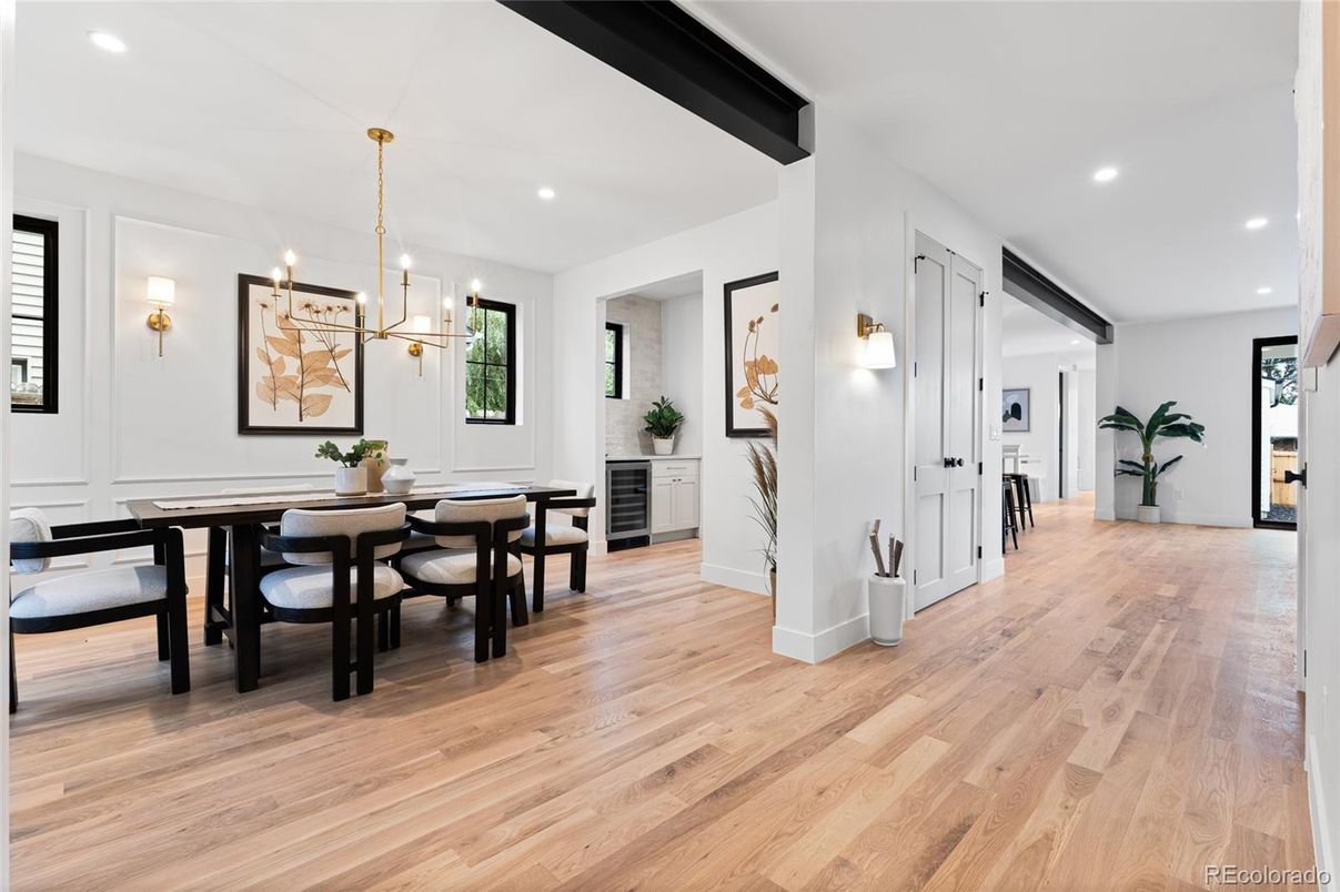 Dining room, Interior, Pendant Lights, Recessed Lighting, Wood Texture Flooring