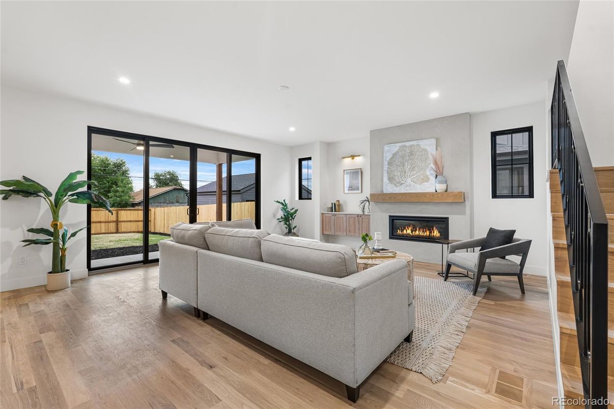 Fireplace, Interior, Living room, Recessed Lighting, Wood Texture Flooring