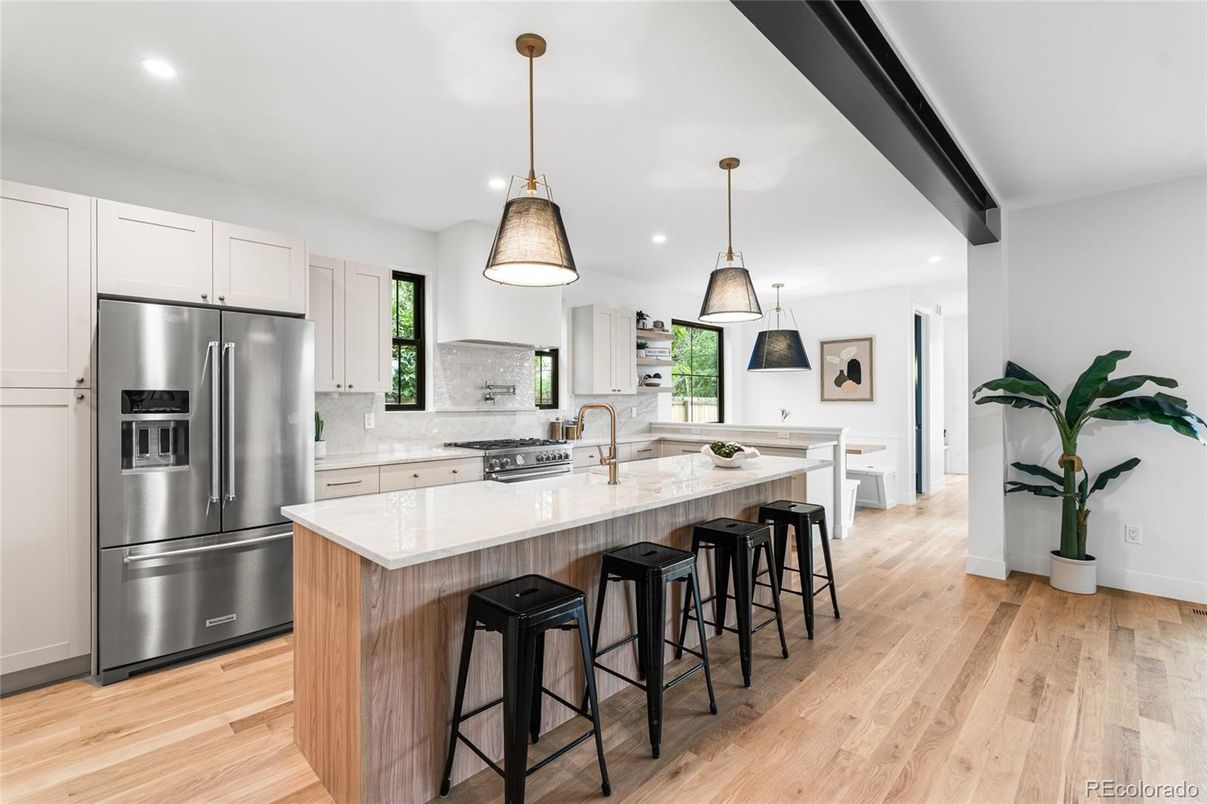 Interior, Kitchen, Pendant Lights, Recessed Lighting, Stainless Steel Appliances, Wood Texture Flooring