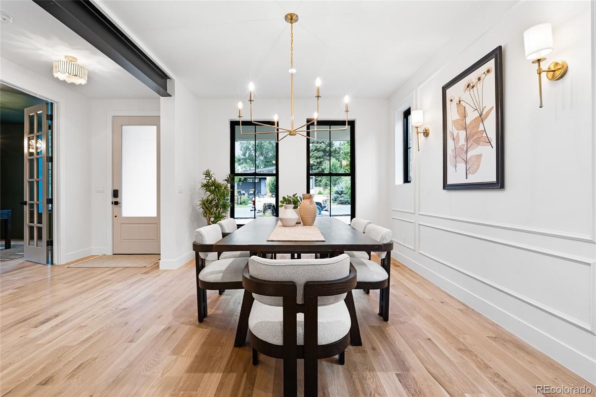 Dining room, Interior, Pendant Lights, Wood Texture Flooring