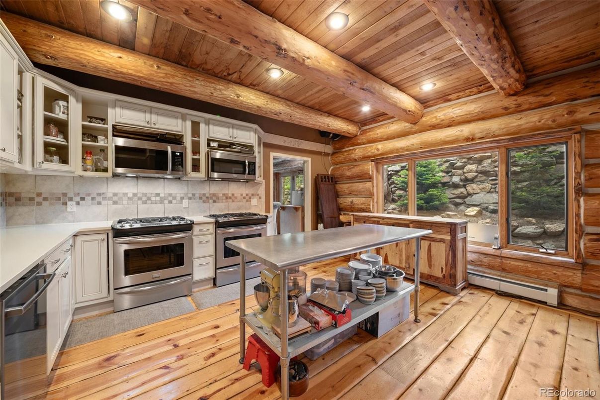 Interior, Kitchen, Recessed Lighting, Stainless Steel Appliances, Stone Walls, Wooden Beams, Wooden Ceilings, Wood Texture Flooring, Wooden Walls