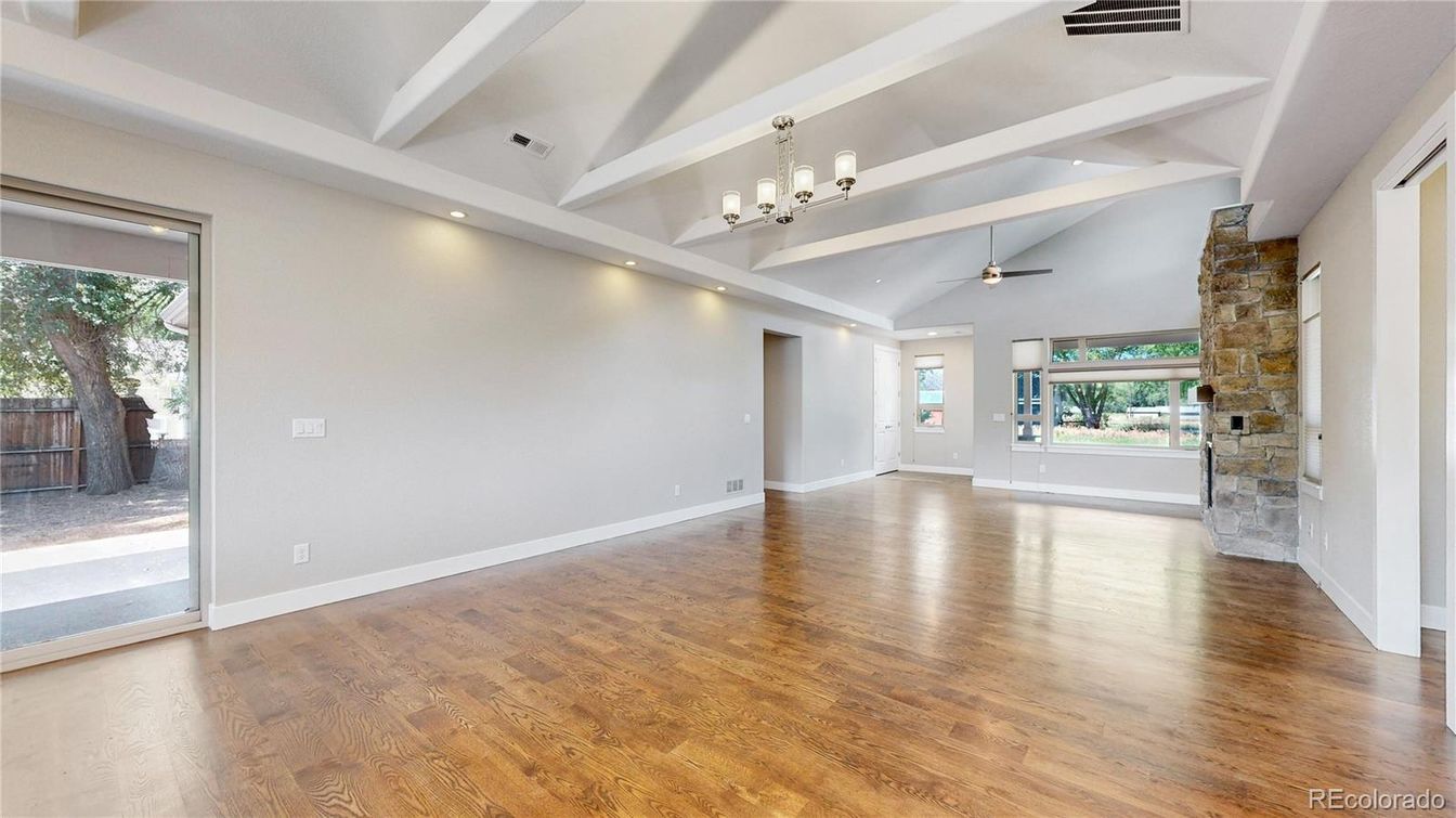 Chandelier, Empty room, Fireplace, Interior, Recessed Lighting, Wood Texture Flooring