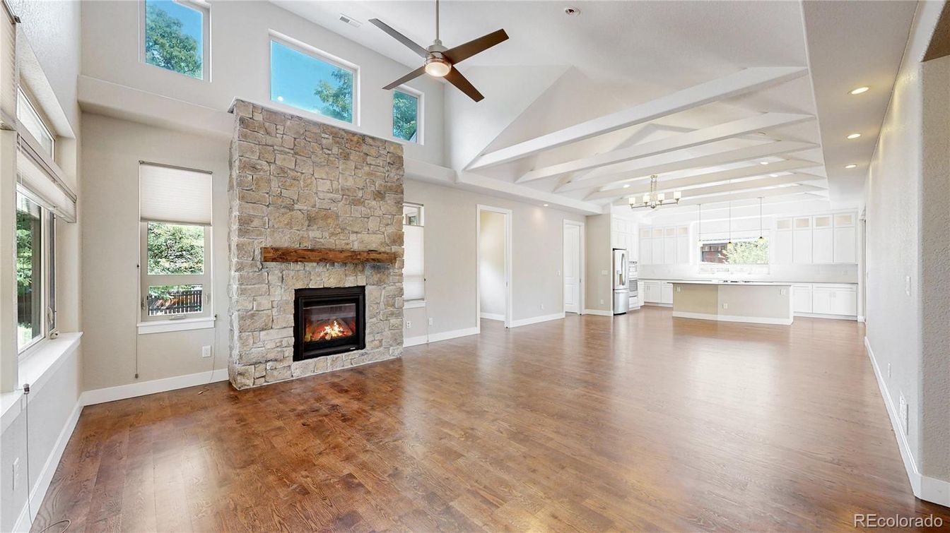Empty room, Fireplace, Interior, Kitchen, Pendant Lights, Recessed Lighting, Wood Texture Flooring
