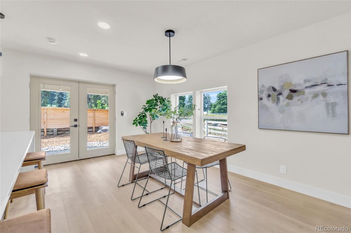Dining room, Interior, Pendant Lights, Recessed Lighting, Wood Texture Flooring