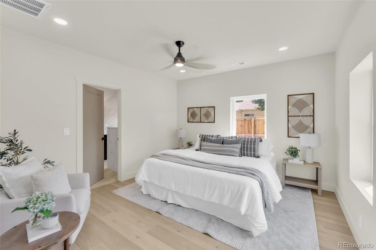 Bedroom, Interior, Recessed Lighting, Wood Texture Flooring