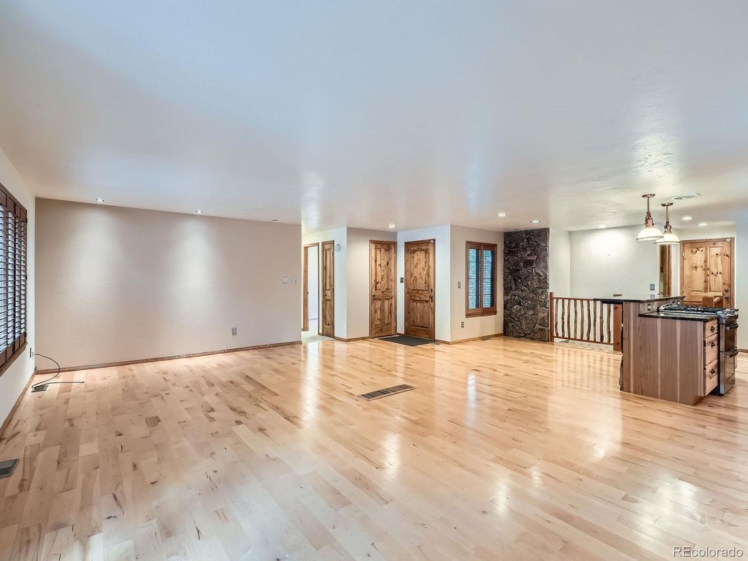 Empty room, Interior, Kitchen, Pendant Lights, Recessed Lighting, Wood Texture Flooring