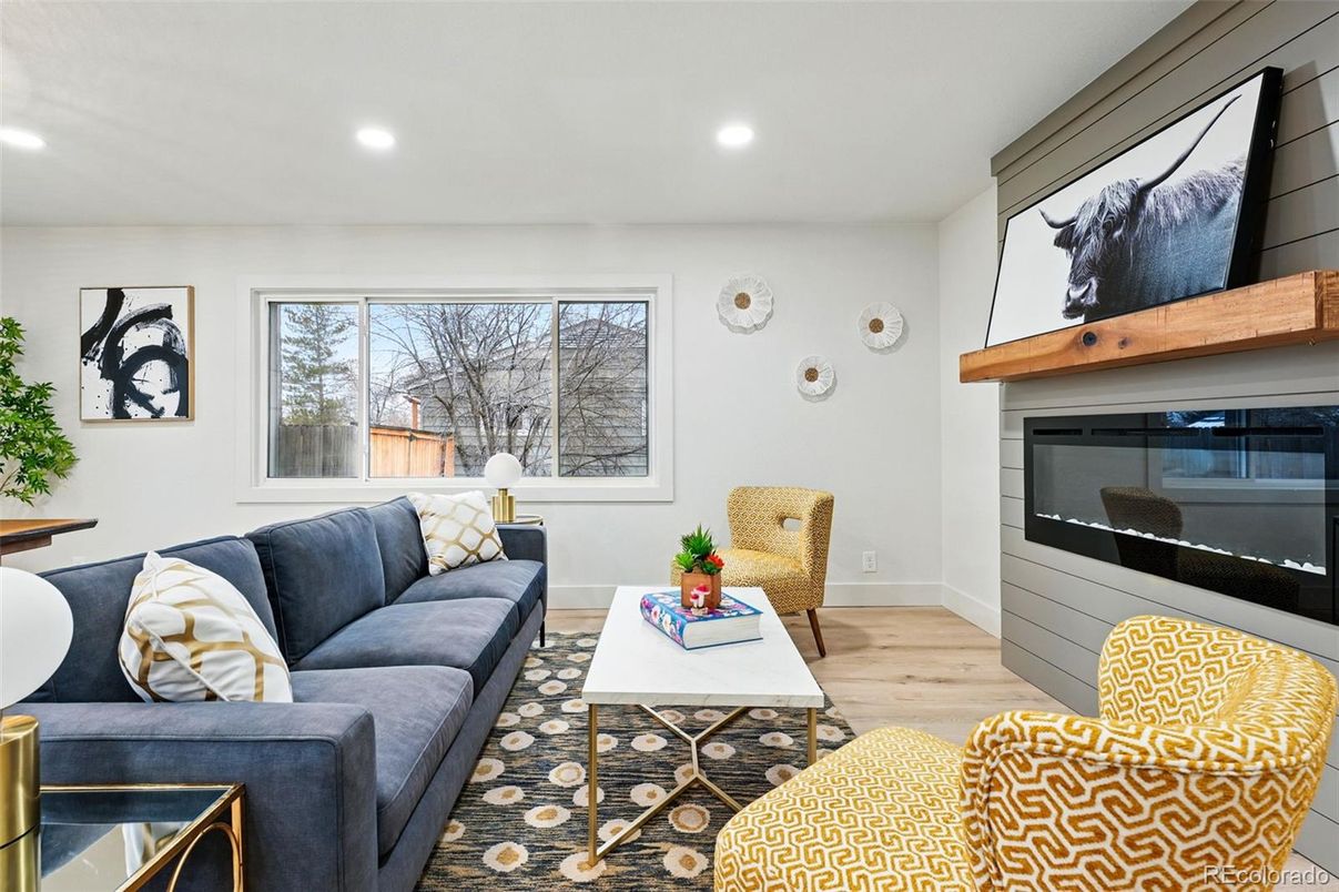 Fireplace, Interior, Living room, Recessed Lighting, Wood Texture Flooring