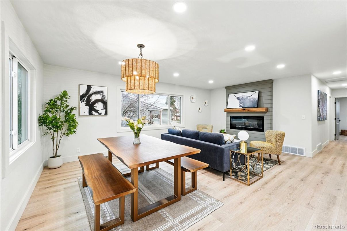 Chandelier, Dining room, Fireplace, Interior, Living room, Recessed Lighting, Wood Texture Flooring