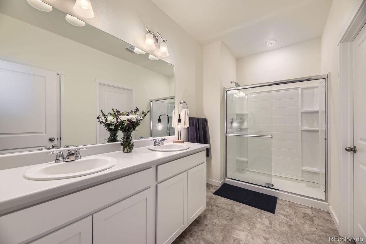 Bathroom, Dual Sink Vanities, Glass Shower, Interior, Recessed Lighting