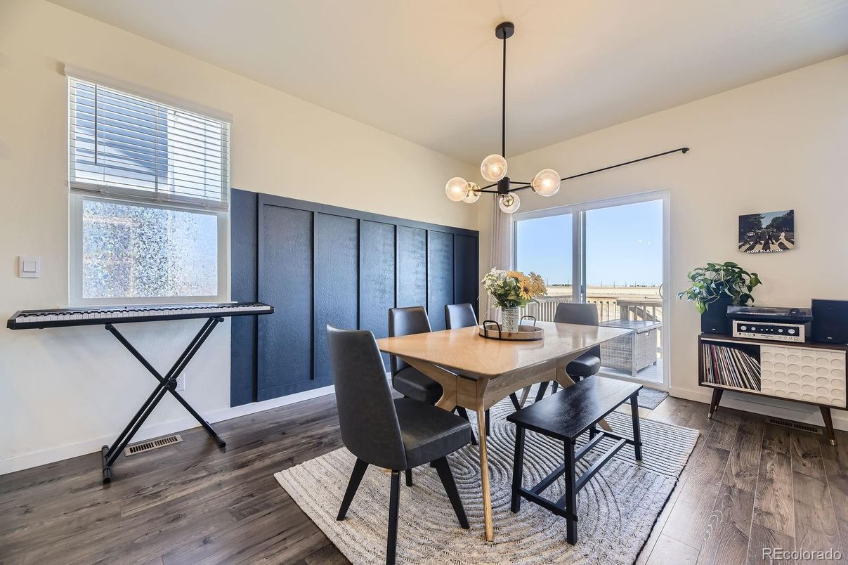 Dining room, Interior, Pendant Lights, Wood Texture Flooring