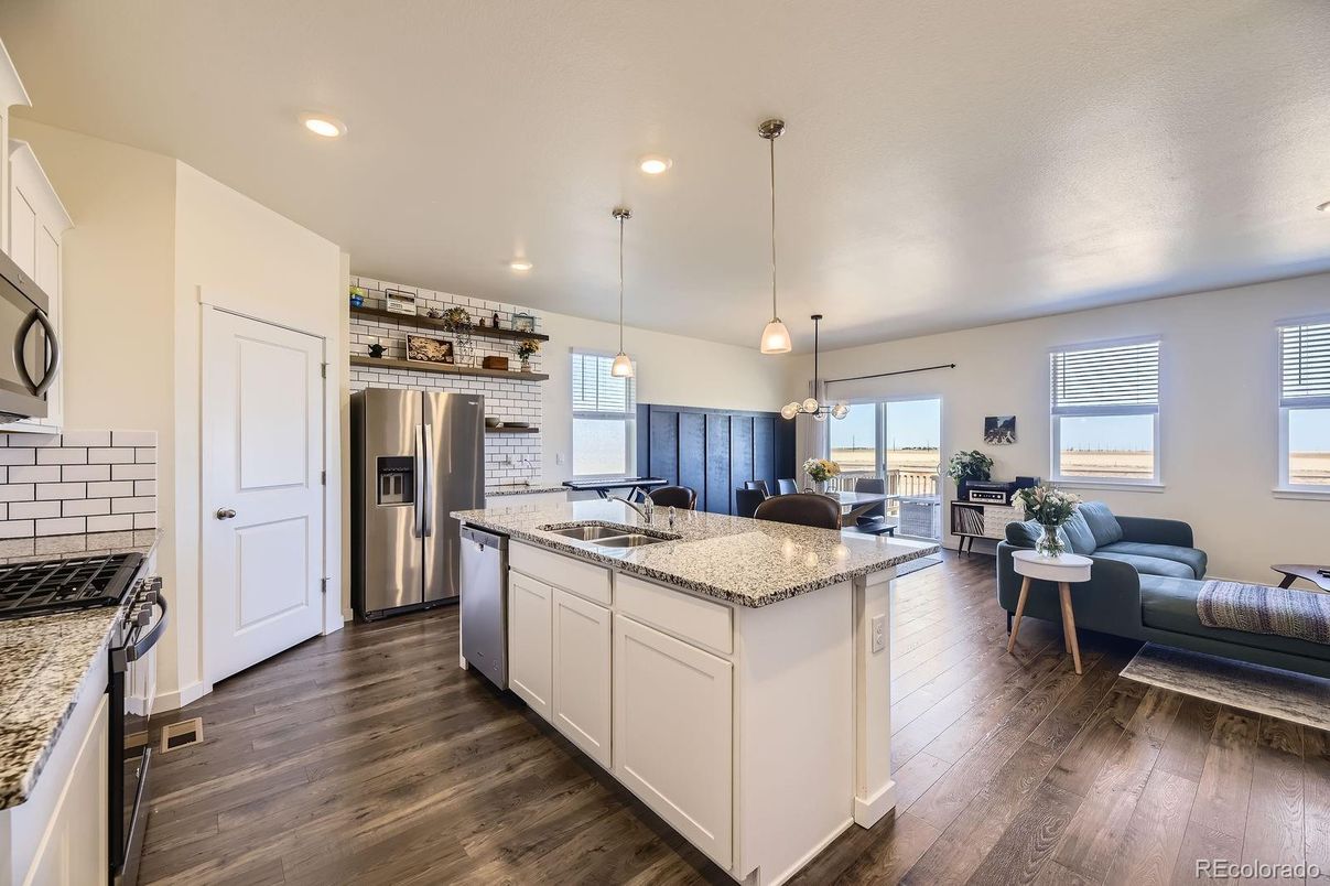 Interior, Kitchen, Living room, Pendant Lights, Recessed Lighting, Stainless Steel Appliances, Wood Texture Flooring