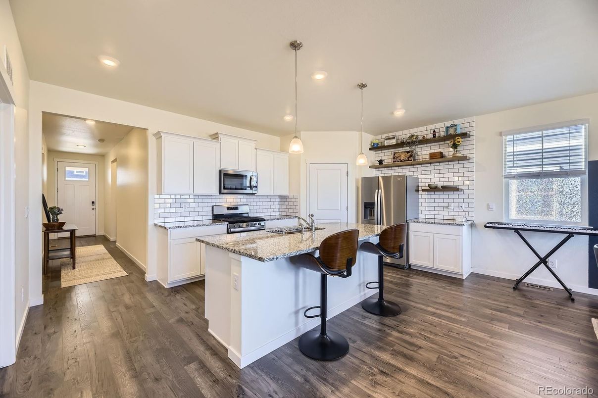 Interior, Kitchen, Pendant Lights, Recessed Lighting, Stainless Steel Appliances, Wood Texture Flooring