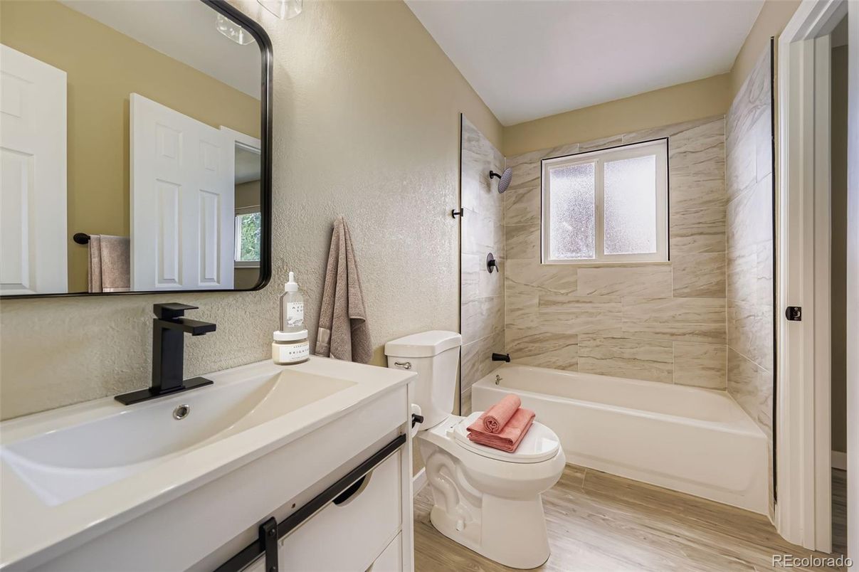 Bathroom, Interior, Marble Walls, Wood Texture Flooring