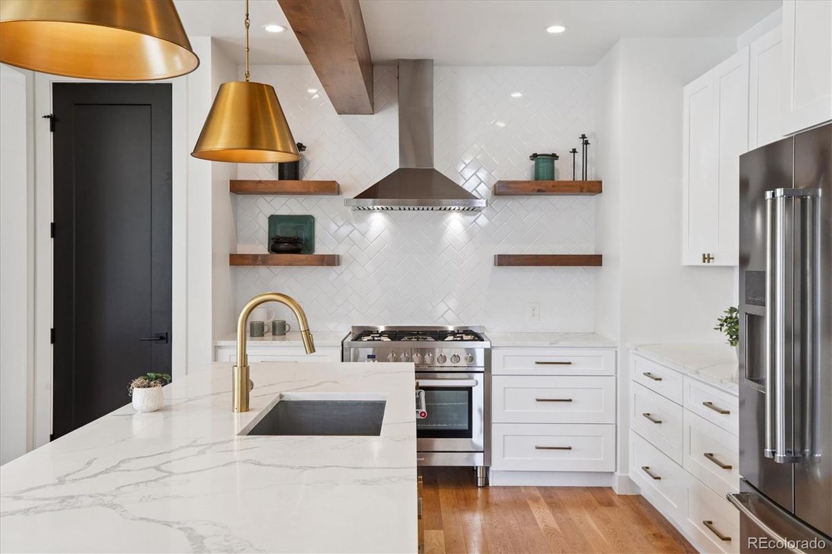 Interior, Kitchen, Pendant Lights, Recessed Lighting, Stainless Steel Appliances, Wood Texture Flooring