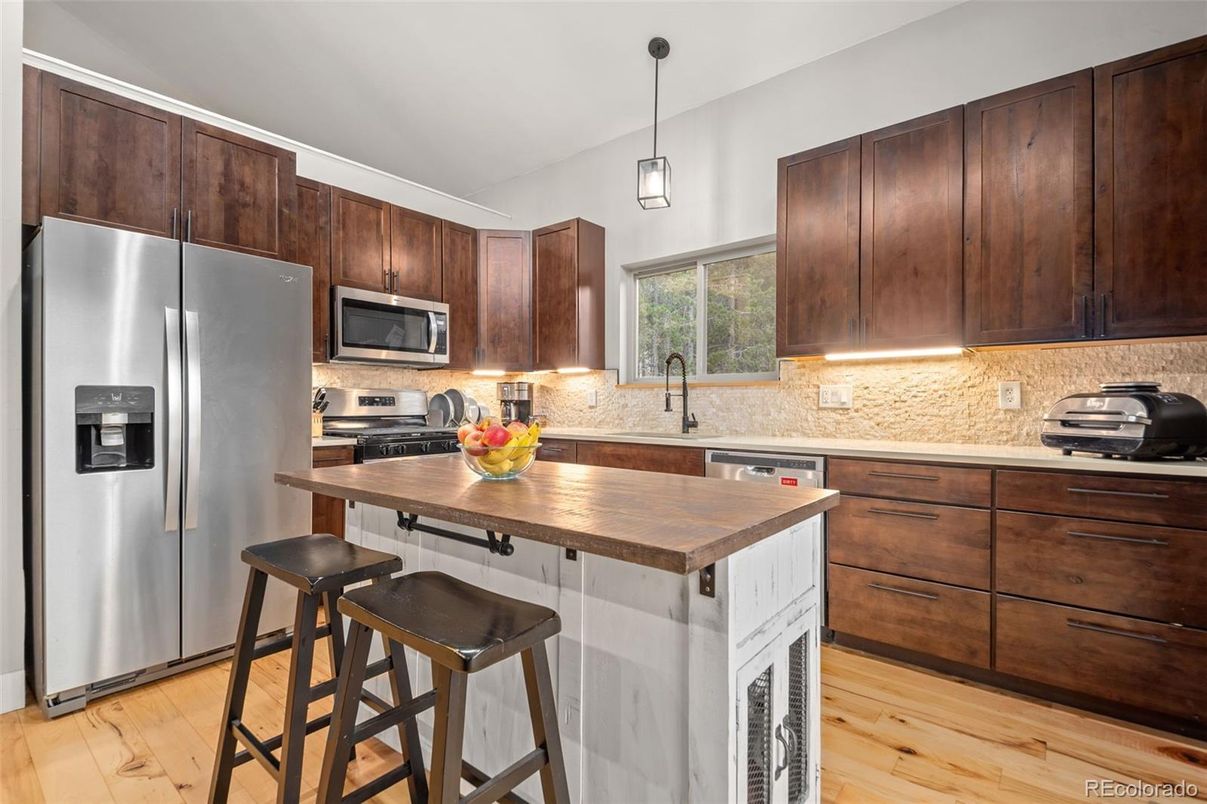 Interior, Kitchen, Pendant Lights, Stainless Steel Appliances, Wood Texture Flooring