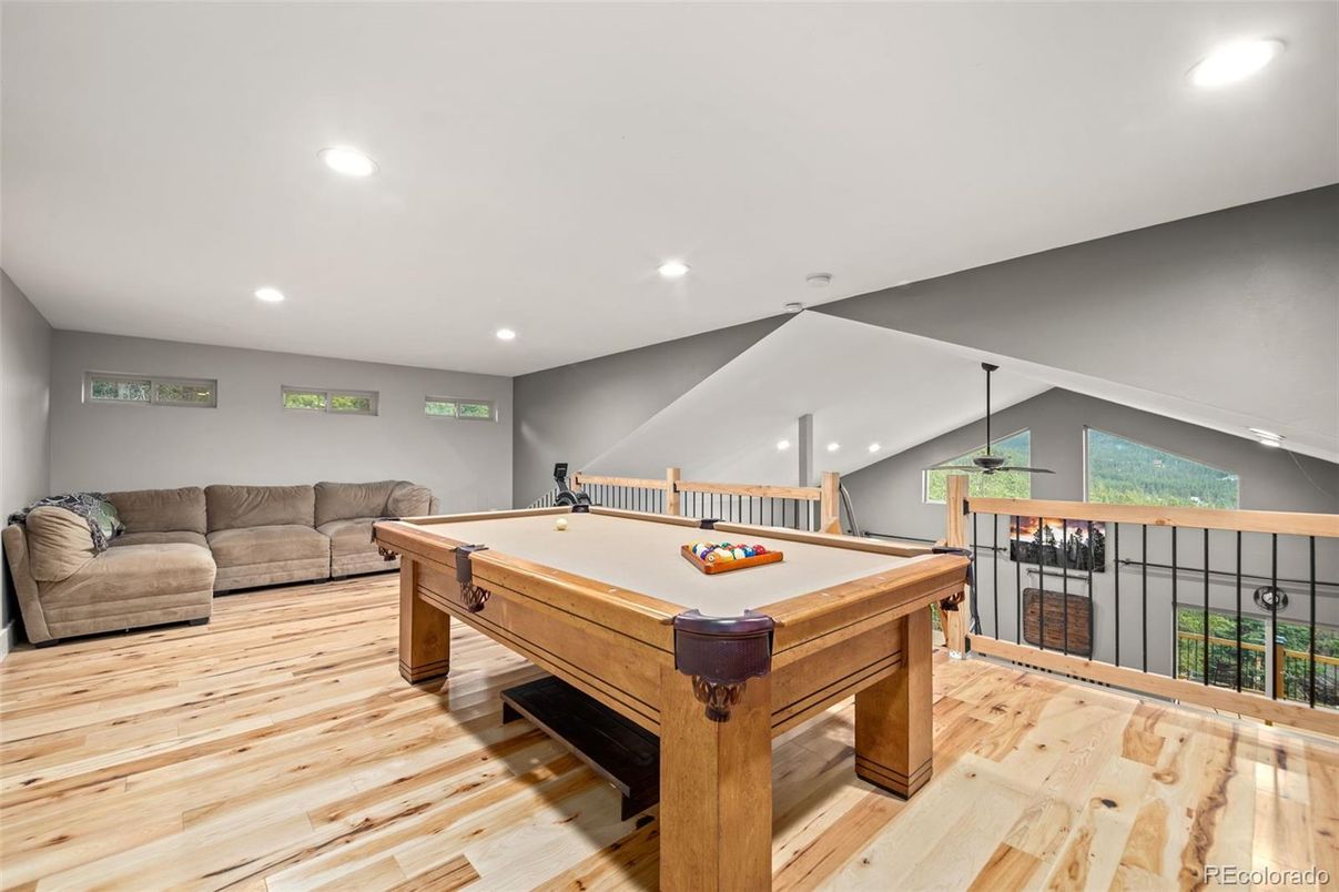 Billiard Table, Game Room, Interior, Recessed Lighting, Wood Texture Flooring