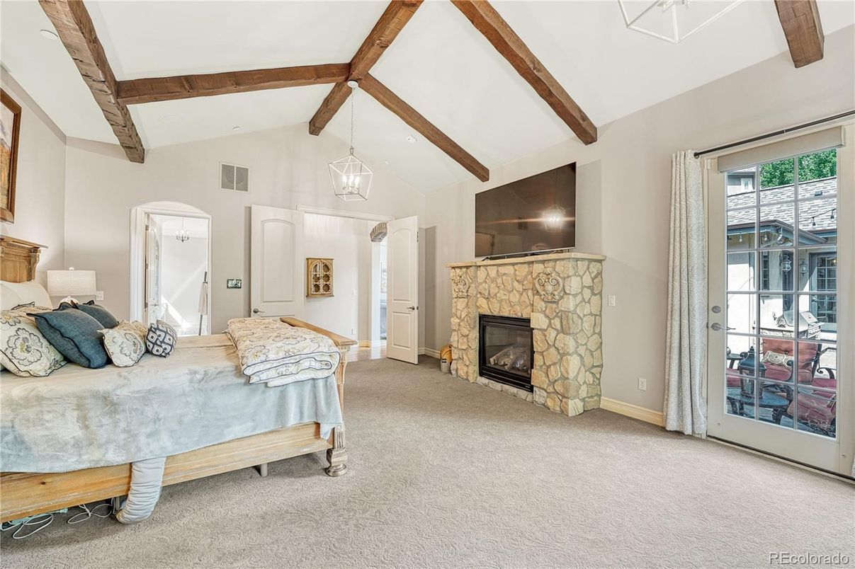 Bedroom, Fireplace, Interior, Pendant Lights, Wooden Beams