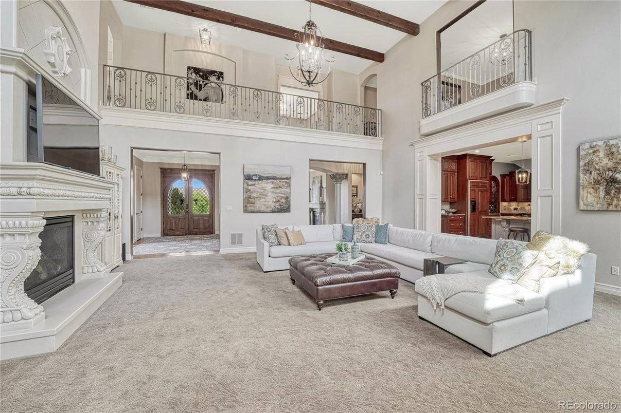 Chandelier, Fireplace, Interior, Living room, Wooden Beams