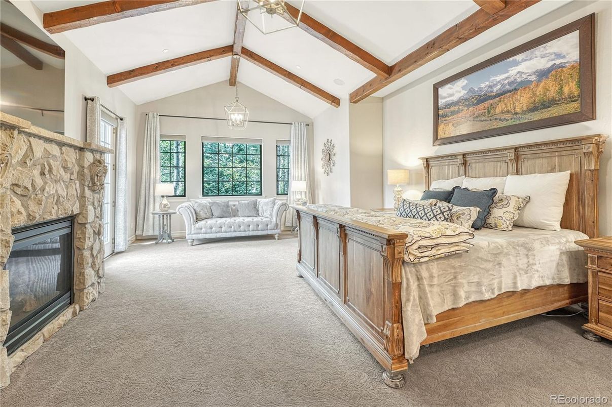 Bedroom, Fireplace, Interior, Pendant Lights, Wooden Beams