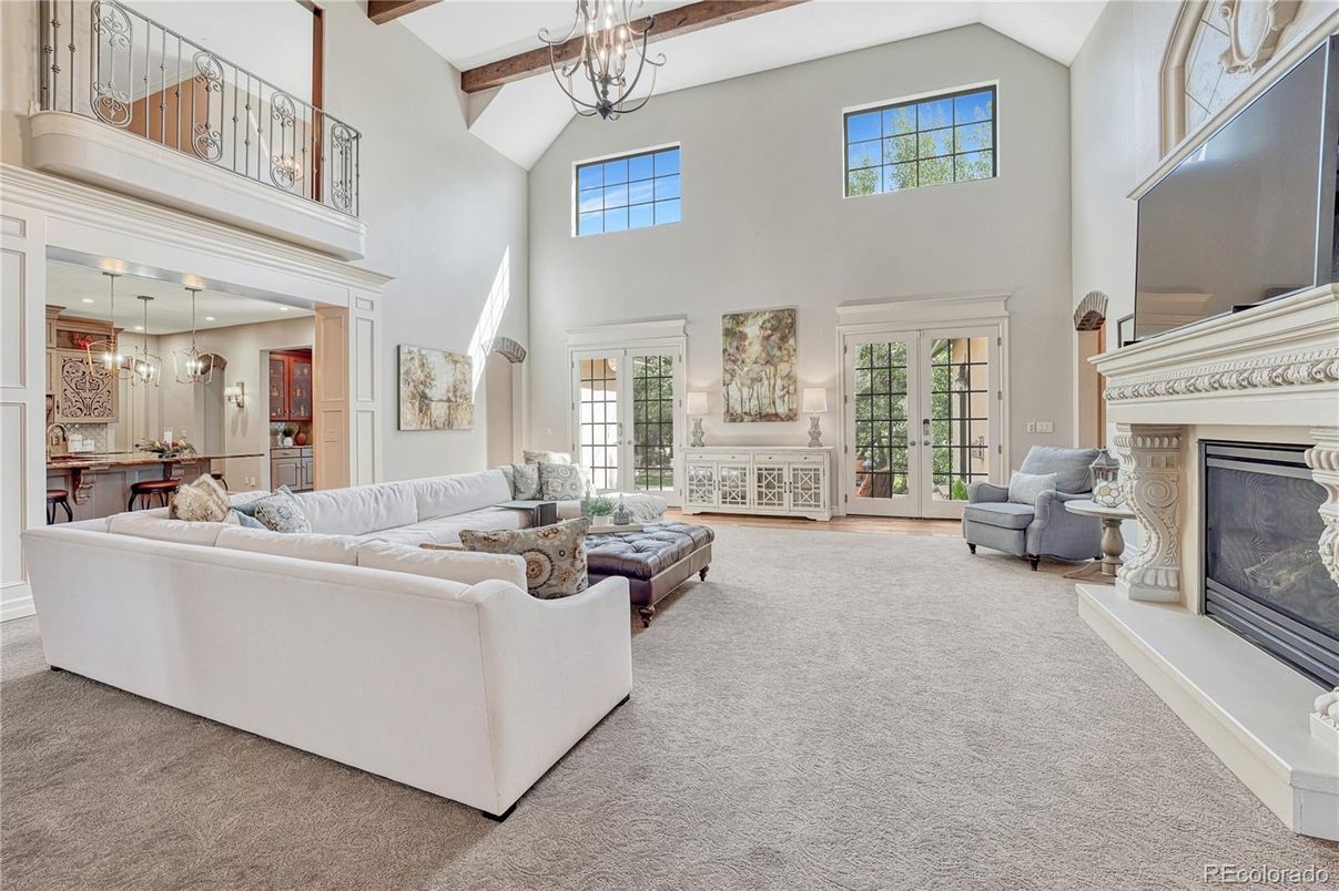 Chandelier, Fireplace, Interior, Living room, Pendant Lights, Wooden Beams